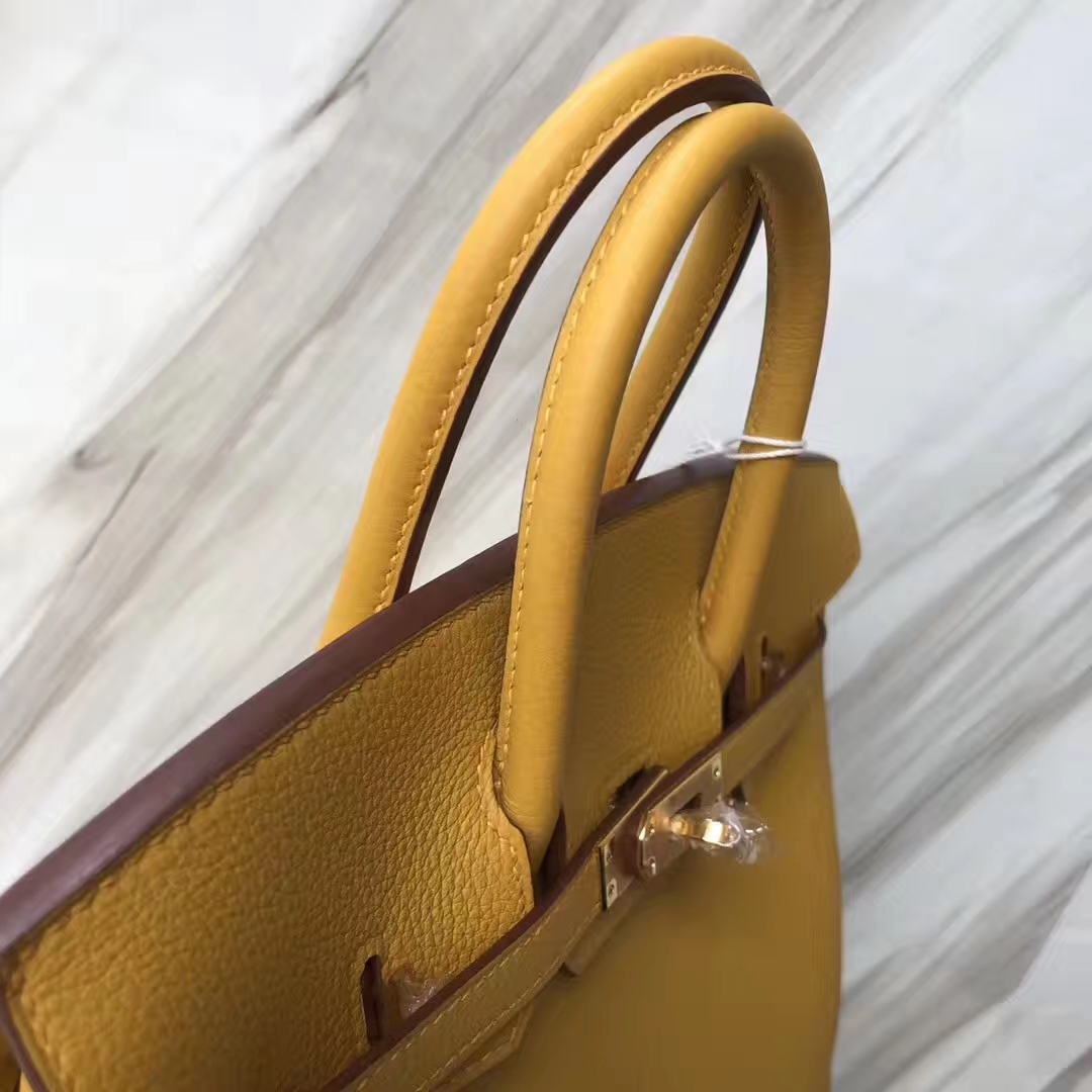 Stock New Hermes Togo Calf Birkin25CM Tote Bag in 9D Ambre Yellow Gold Hardware