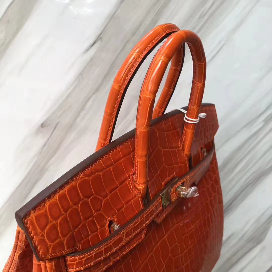 Stock Hermes Orange Crocodile Shiny Leather Birkin Bag25CM Gold Hardware