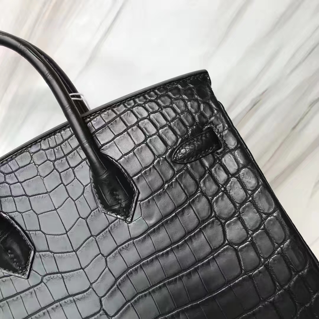 Stock Hermes Matt Crocodile Birkin25CM Tote Bag in CK89 Noir Silver Hardware