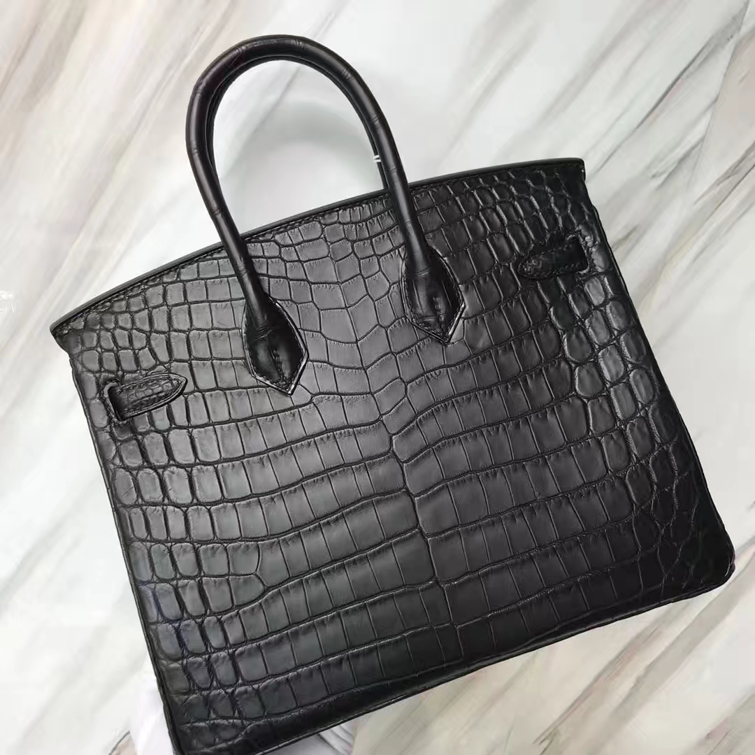 Stock Hermes Matt Crocodile Birkin25CM Tote Bag in CK89 Noir Silver Hardware