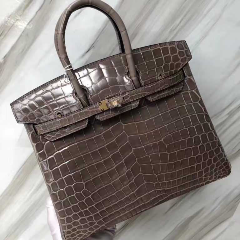 Hermes CK81 Gris Tourterelle Shiny Nilo Crocodile Birkin 25CM Bag Gold Hardware