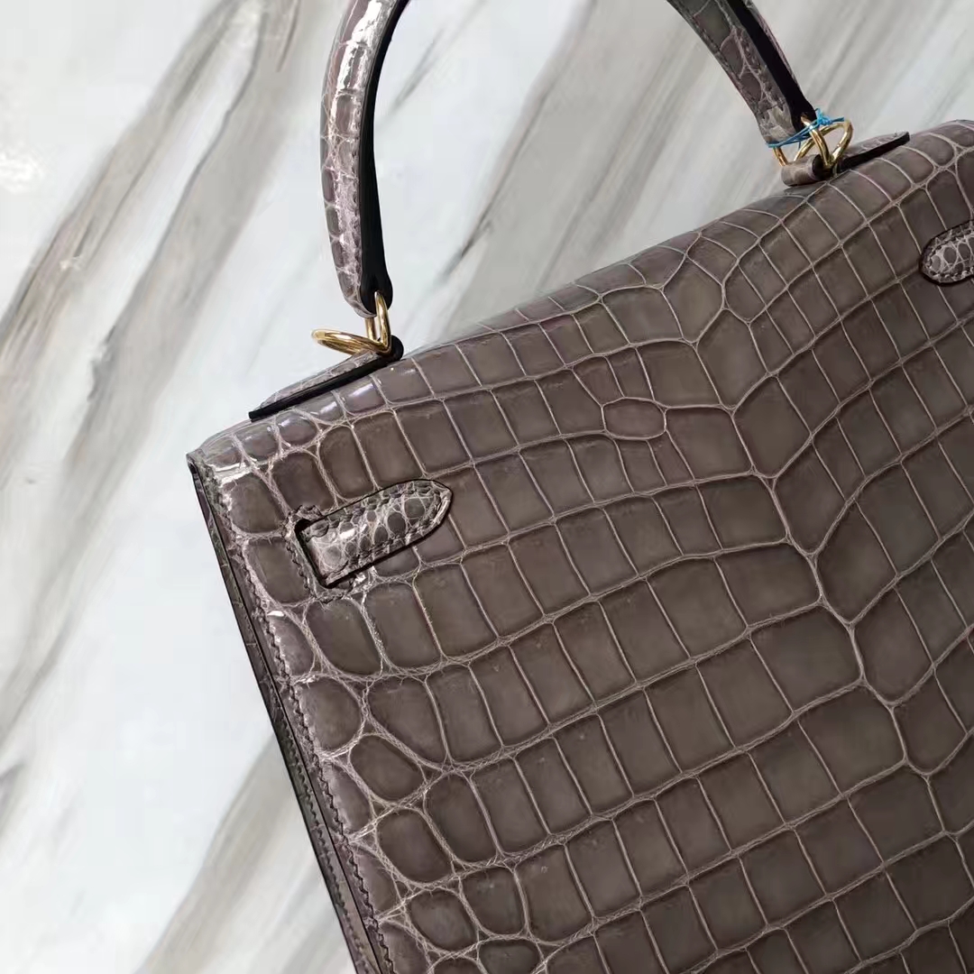 Stock Luxury Hermes CK81 Gris Tourterelle Shiny Nilo Crocodile Birkin25CM Bag Gold Hardware