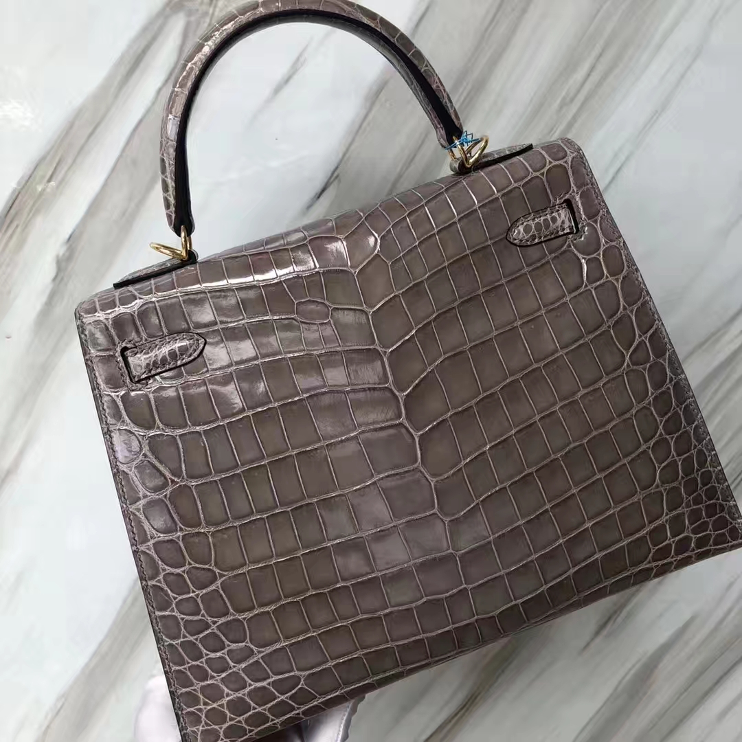 Stock Luxury Hermes CK81 Gris Tourterelle Shiny Nilo Crocodile Birkin25CM Bag Gold Hardware