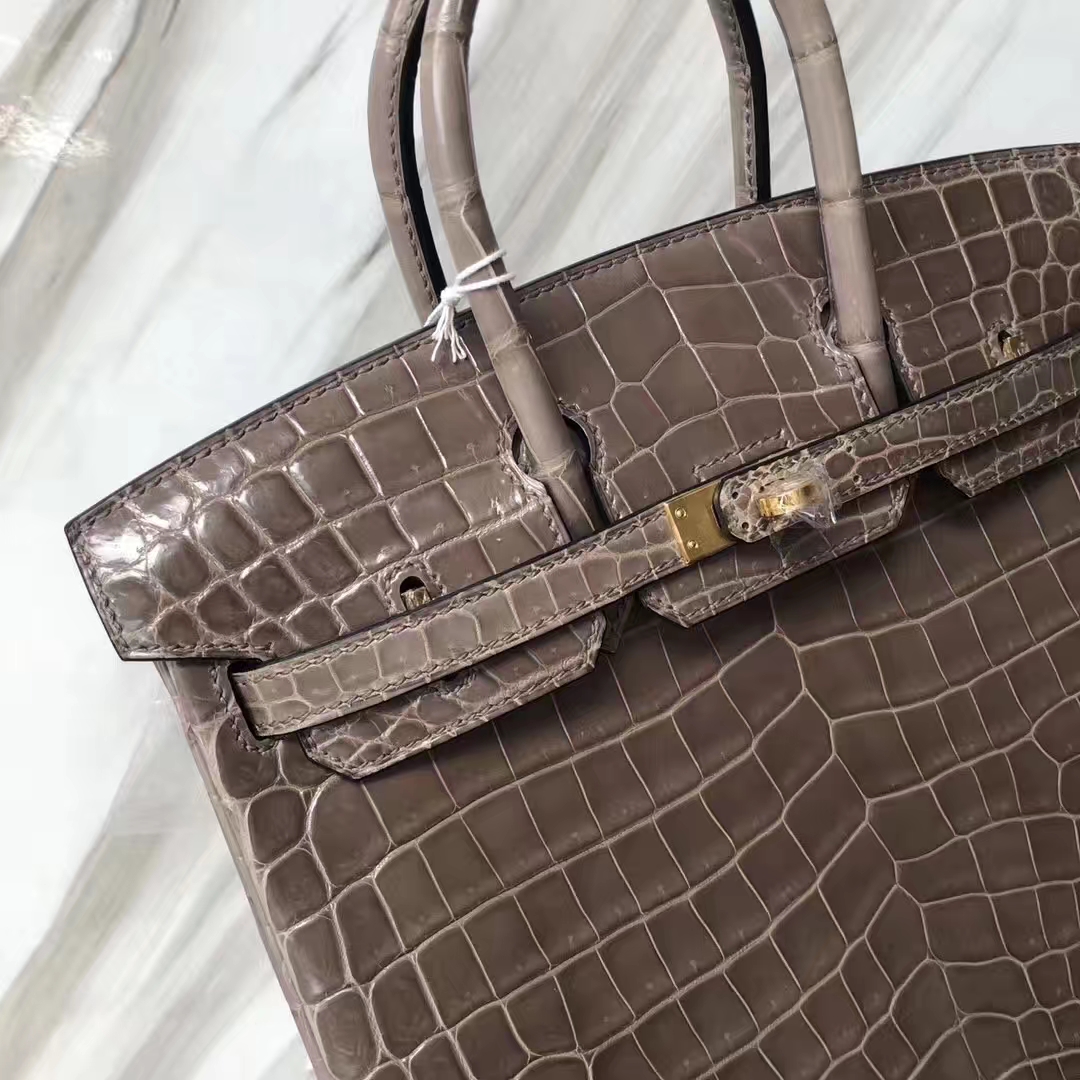 Stock Luxury Hermes CK81 Gris Tourterelle Shiny Nilo Crocodile Birkin25CM Bag Gold Hardware