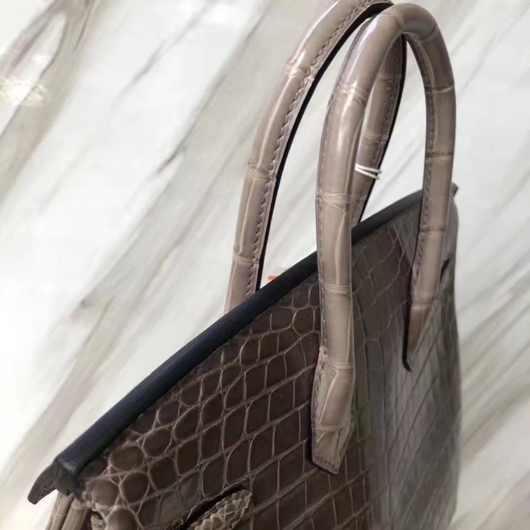 Stock Luxury Hermes CK81 Gris Tourterelle Shiny Nilo Crocodile Birkin25CM Bag Gold Hardware