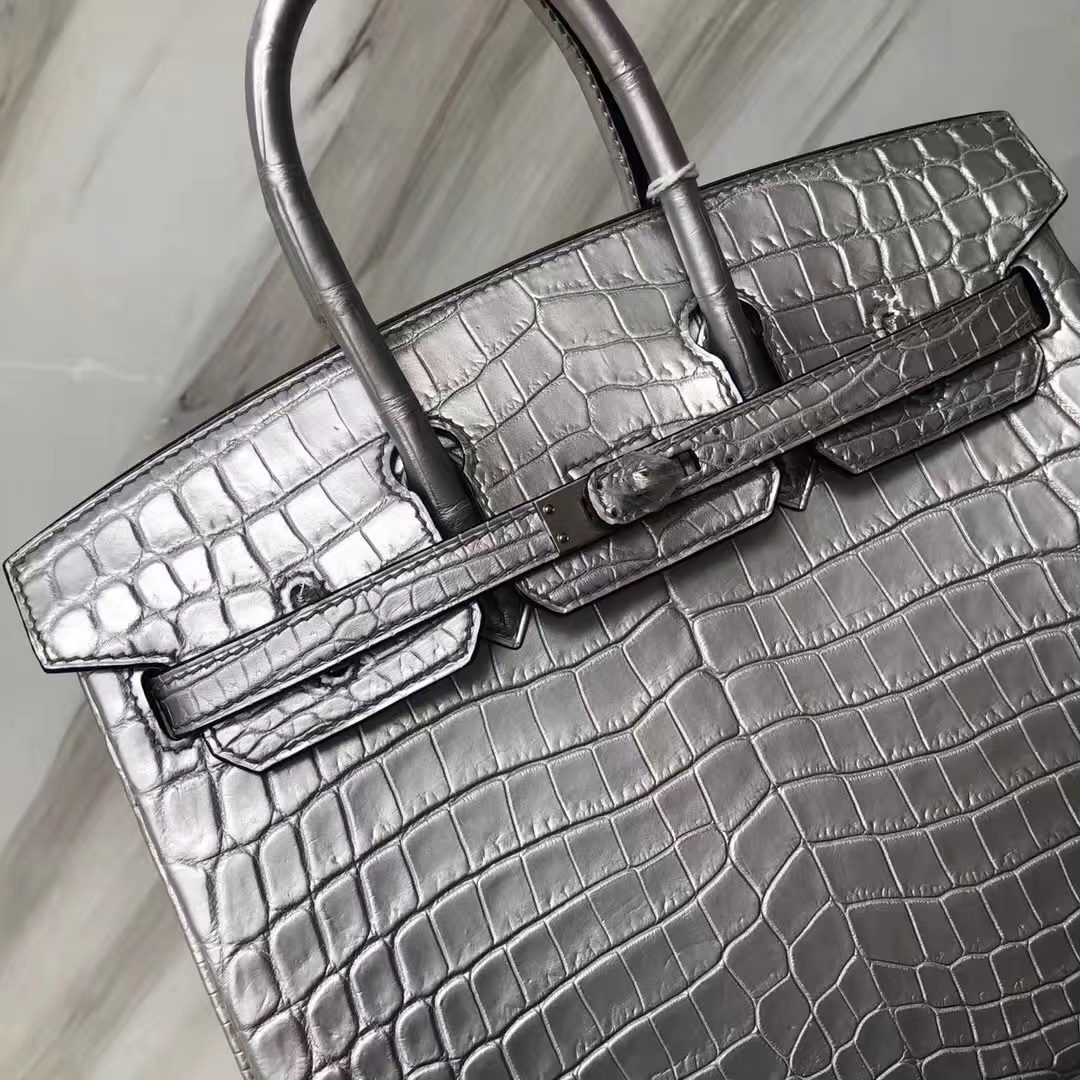 Customization Luxury Hermes Silver Matt Crocodile Birkin25cm Bag Silver Hardware