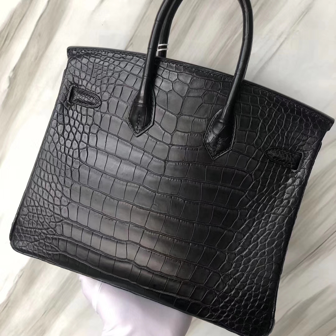 Stock Hermes CK89 Noir Alligator Matt Crocodile Birkin Bag25CM Silver Hardware