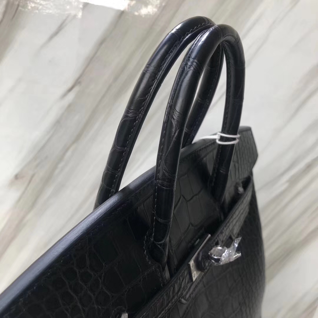 Stock Hermes CK89 Noir Alligator Matt Crocodile Birkin Bag25CM Silver Hardware