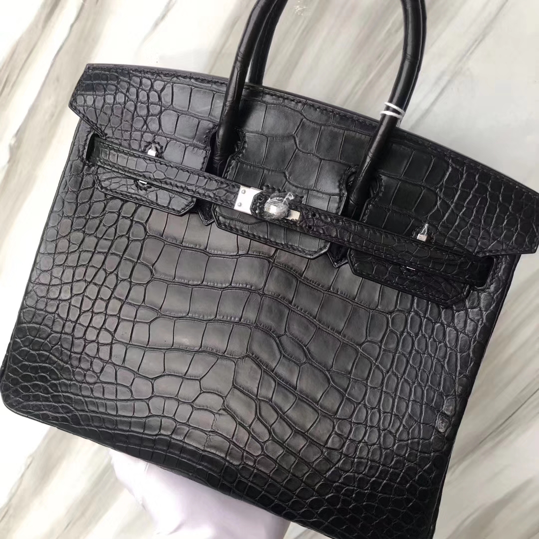 Stock Hermes CK89 Noir Alligator Matt Crocodile Birkin Bag25CM Silver Hardware