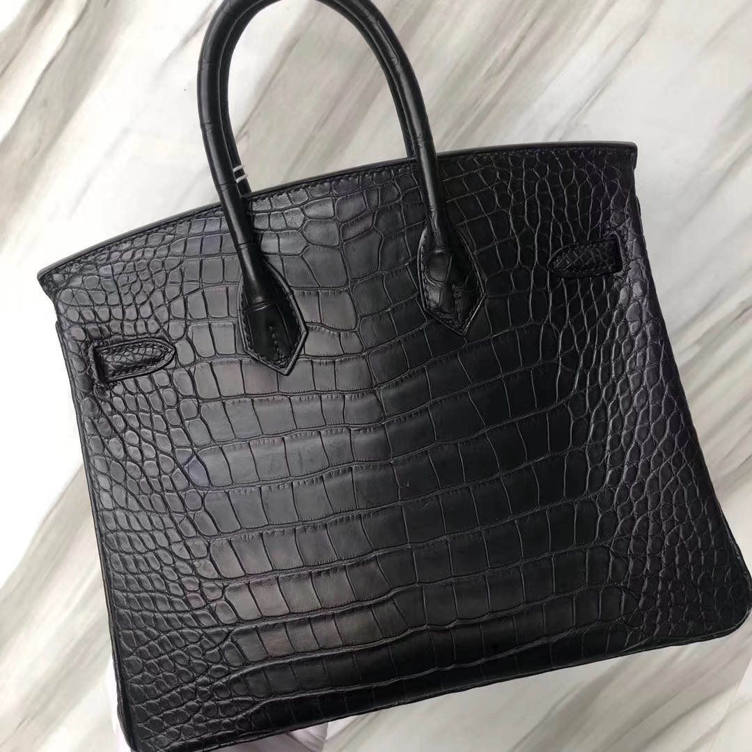 Stock Hermes CK89 Noir Alligator Matt Crocodile Birkin Bag25CM Silver Hardware