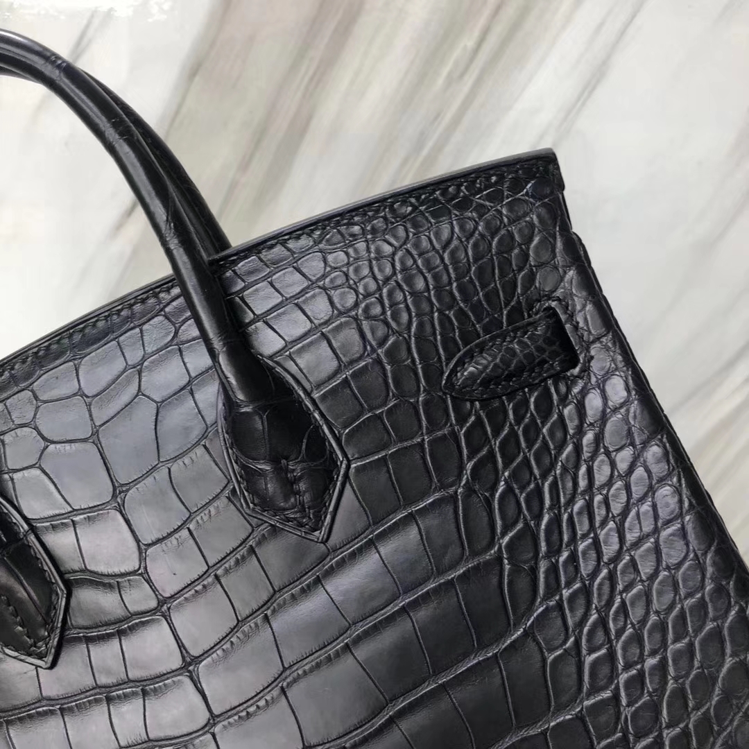 Stock Hermes CK89 Noir Alligator Matt Crocodile Birkin Bag25CM Silver Hardware