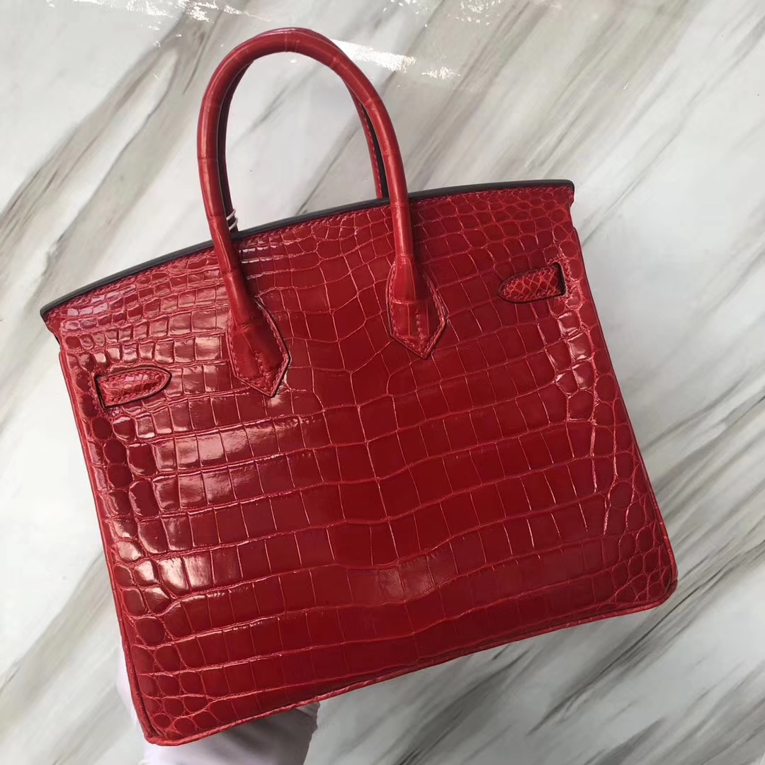 Stock Pretty Hermes CK95 Braise Shiny Crocodile Birkin25CM Handbag Gold Hardware