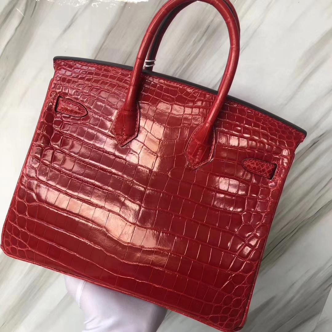 Stock Pretty Hermes CK95 Braise Shiny Crocodile Birkin25CM Handbag Gold Hardware