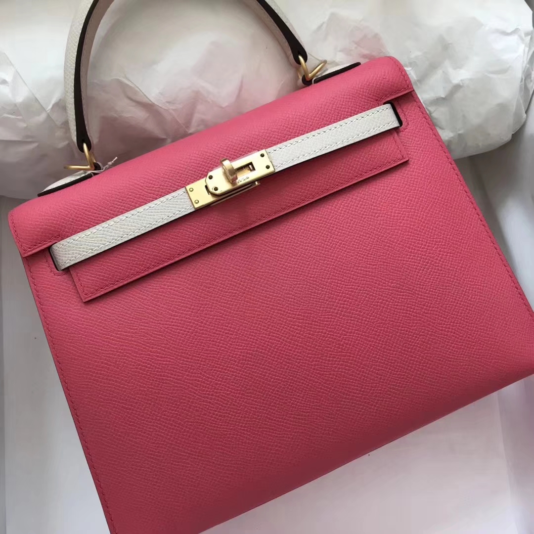 Fashion Hermes 8W Rose Lipstick/Craie Epsom Calf Kelly Bag25CM Gold Hardware