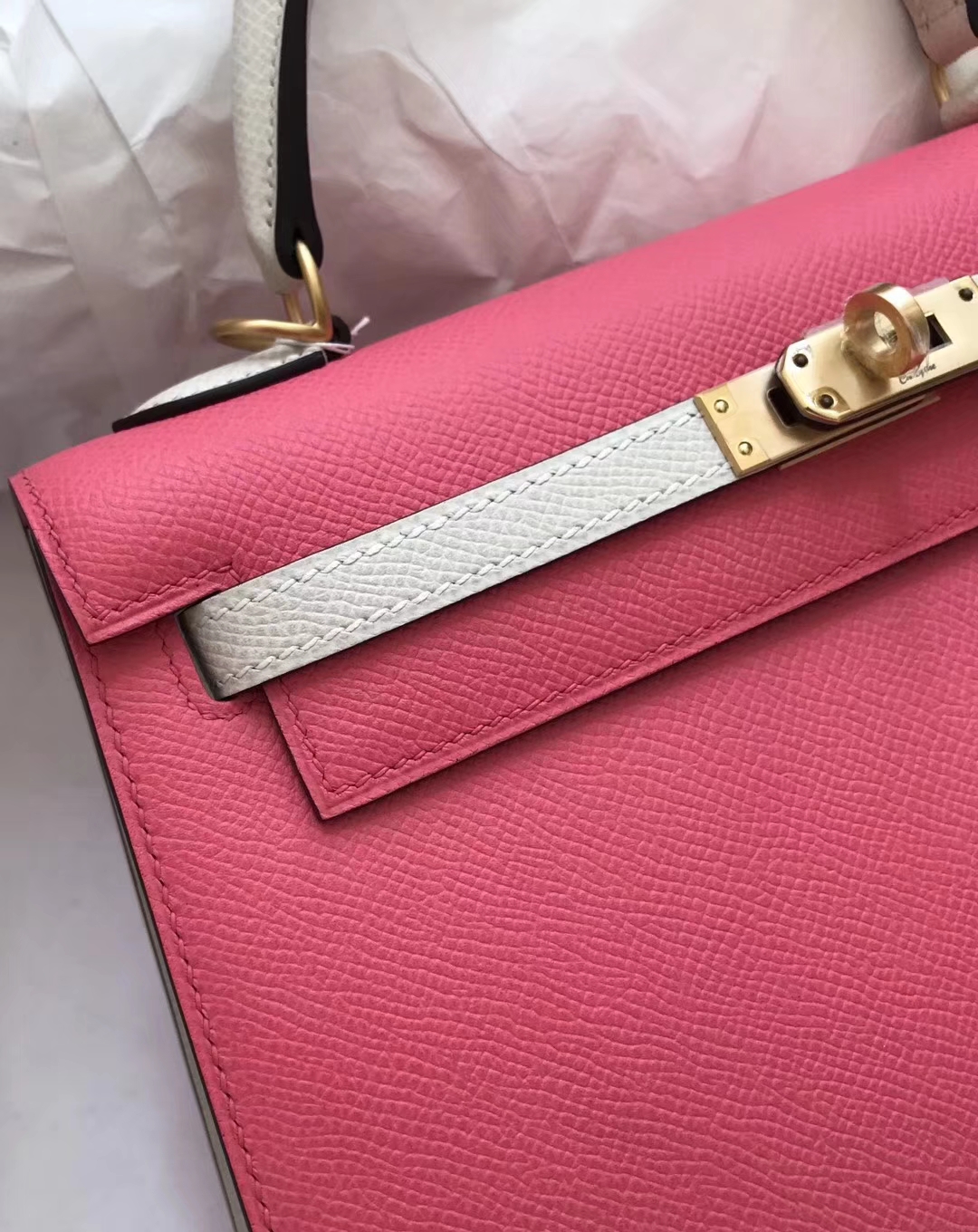 Fashion Hermes 8W Rose Lipstick/Craie Epsom Calf Kelly Bag25CM Gold Hardware