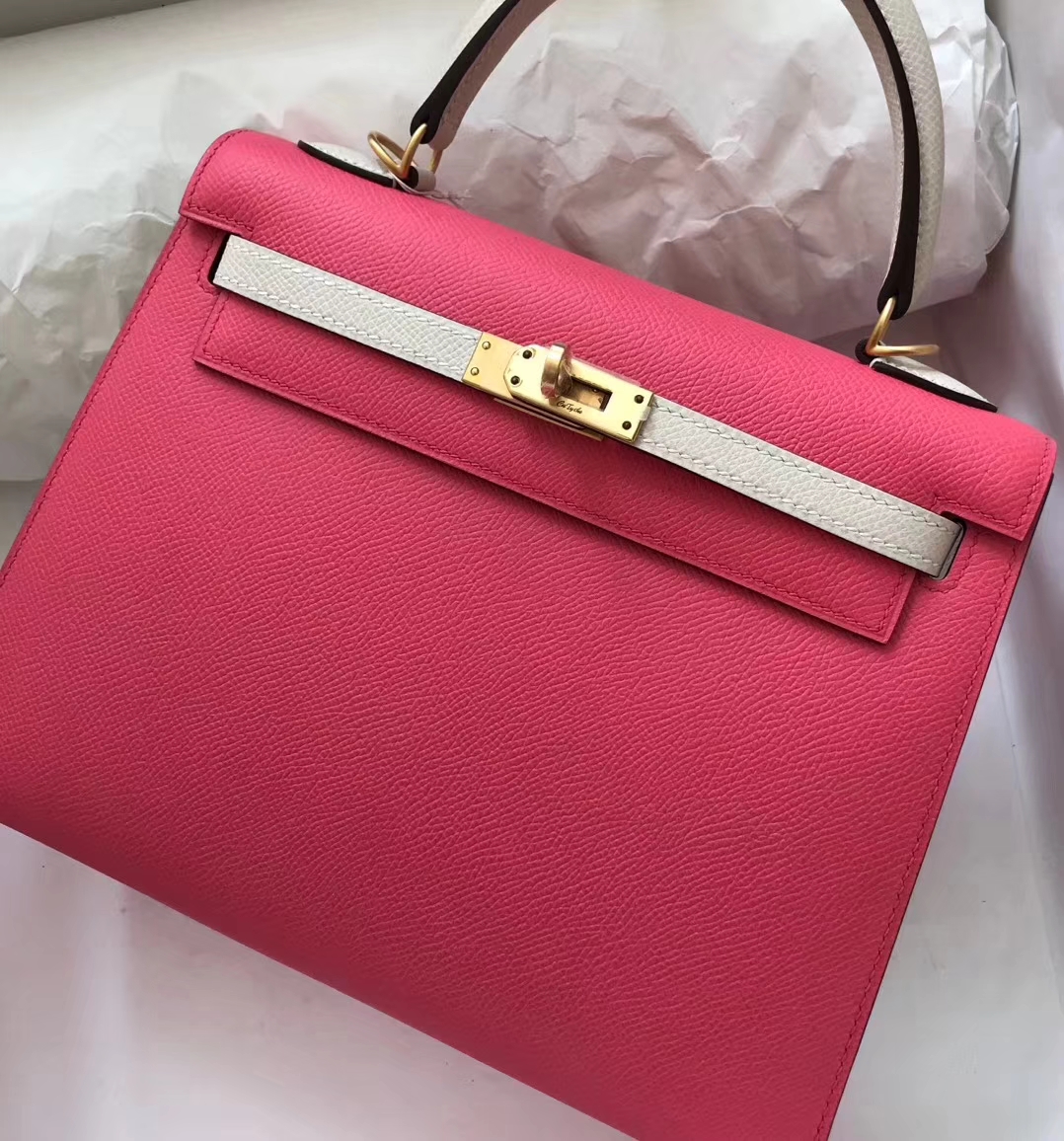 Fashion Hermes 8W Rose Lipstick/Craie Epsom Calf Kelly Bag25CM Gold Hardware