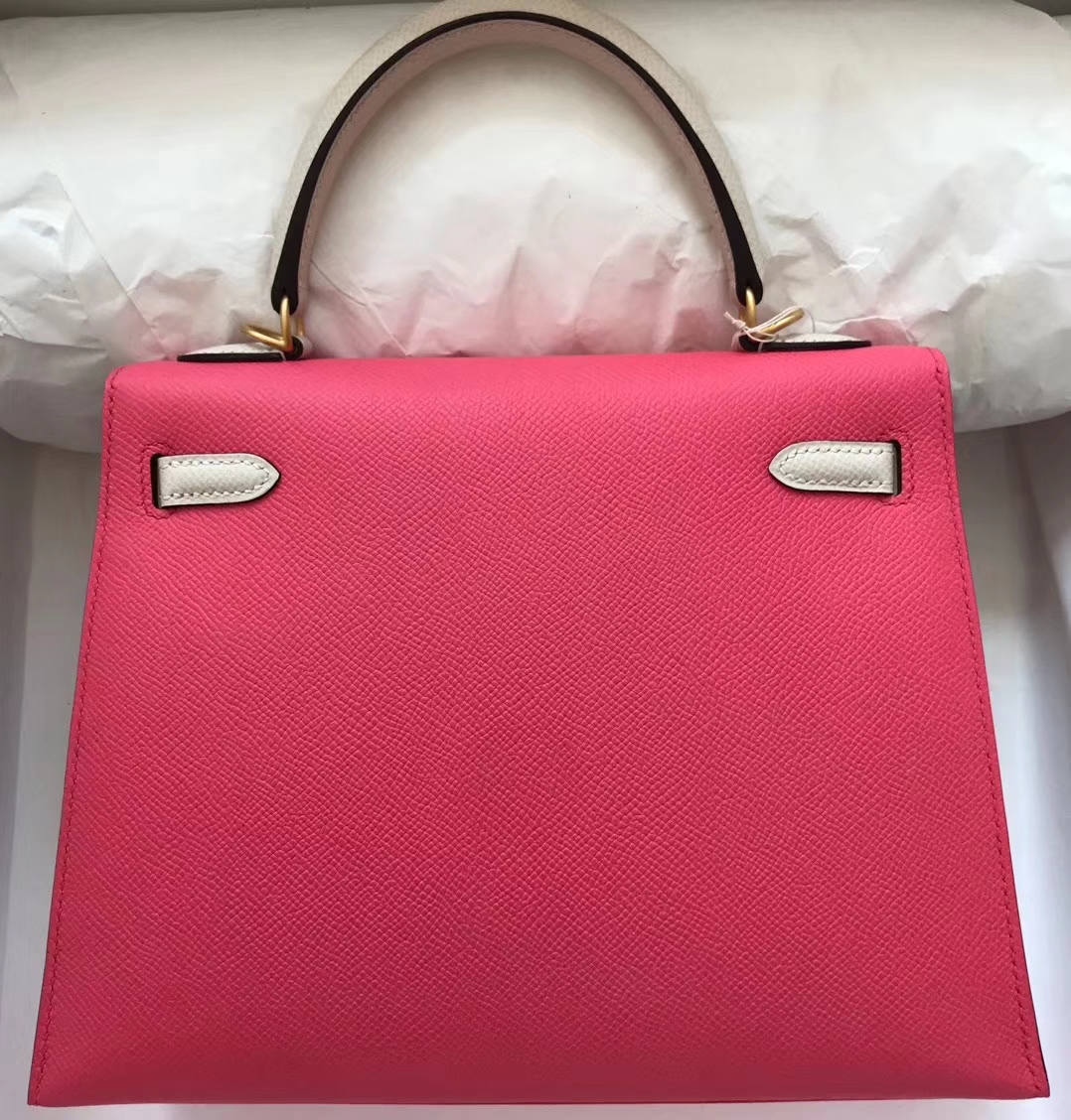 Fashion Hermes 8W Rose Lipstick/Craie Epsom Calf Kelly Bag25CM Gold Hardware