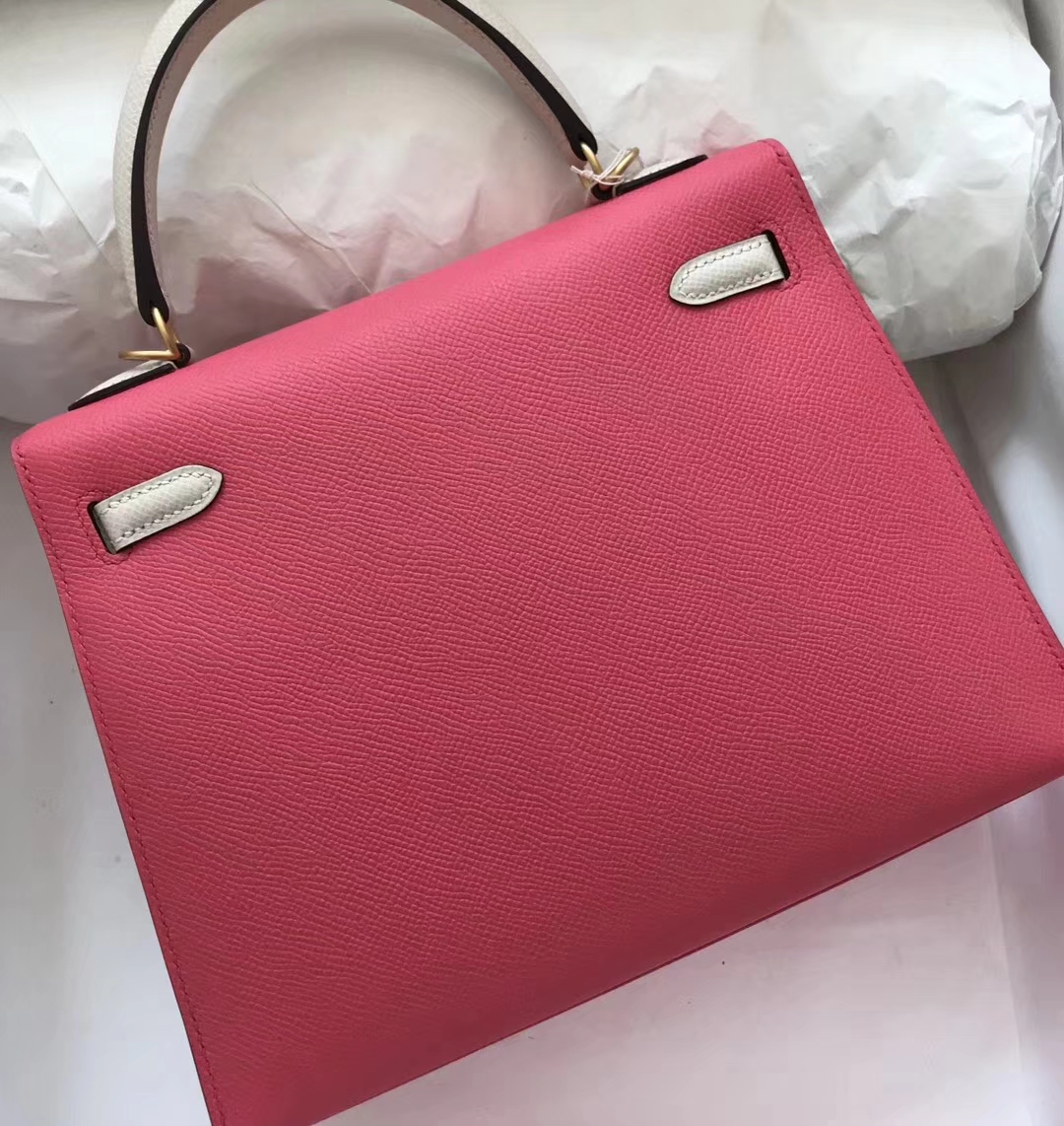 Fashion Hermes 8W Rose Lipstick/Craie Epsom Calf Kelly Bag25CM Gold Hardware