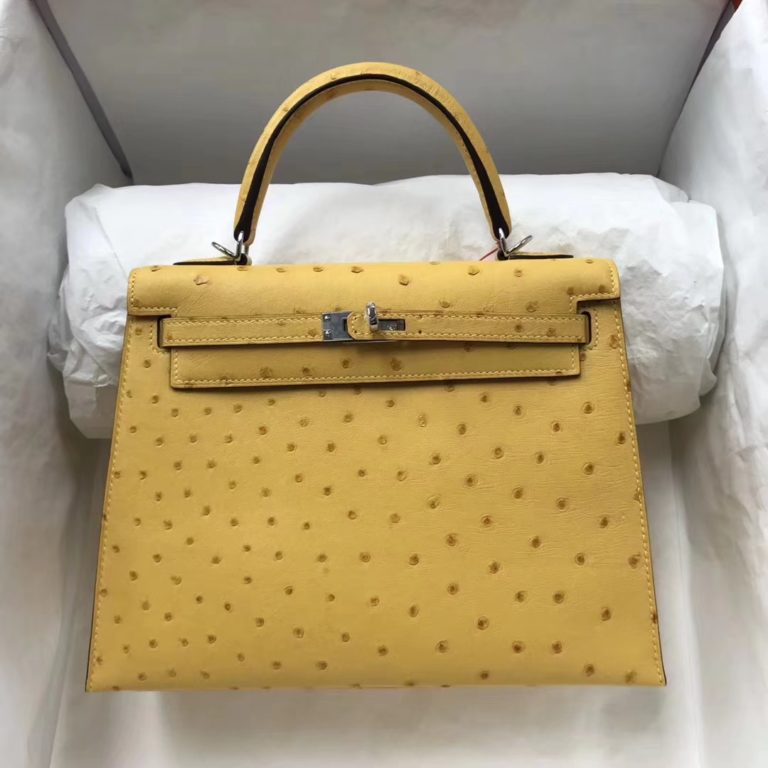 Hermes 9D Ambre Yellow Ostrich Leather Kelly 25cm Bag Silver Hardware