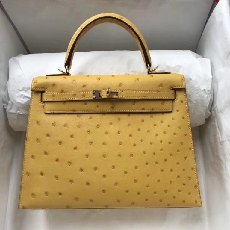 Hermes Ostrich Leather Kelly Bag 25CM in 9D Ambre Yellow Gold Hardware