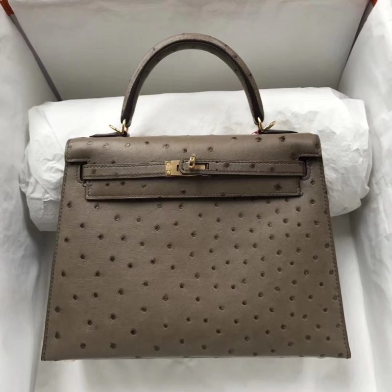 Hermes Ostrich Leather Sellier Kelly 25CM in Chestnut Brown Gold Hardware