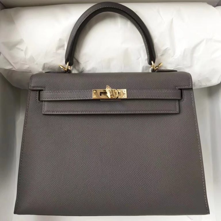 Hermes Epsom Calf Kelly 25cm Tote Bag in 8F Etain Grey Gold Hardware