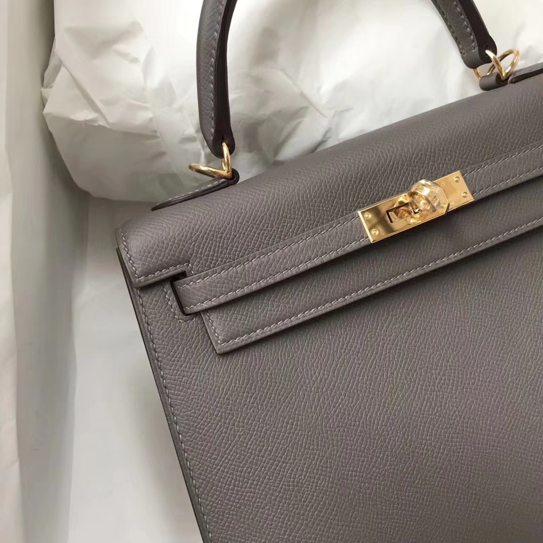 Wholesale Hermes Epsom Calf Kelly25cm Tote Bag in 8F Etain Grey Gold Hardware