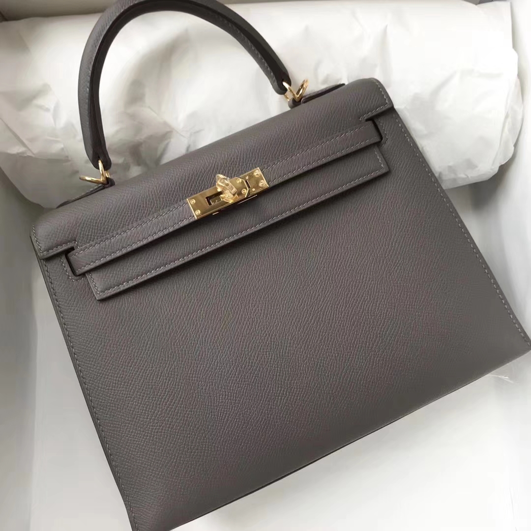 Wholesale Hermes Epsom Calf Kelly25cm Tote Bag in 8F Etain Grey Gold Hardware