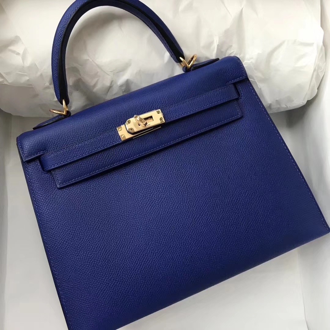 Noble Hermes Epsom Calf Sellier Kelly Bag25cm in 7T Blue Electric Gold Hardware