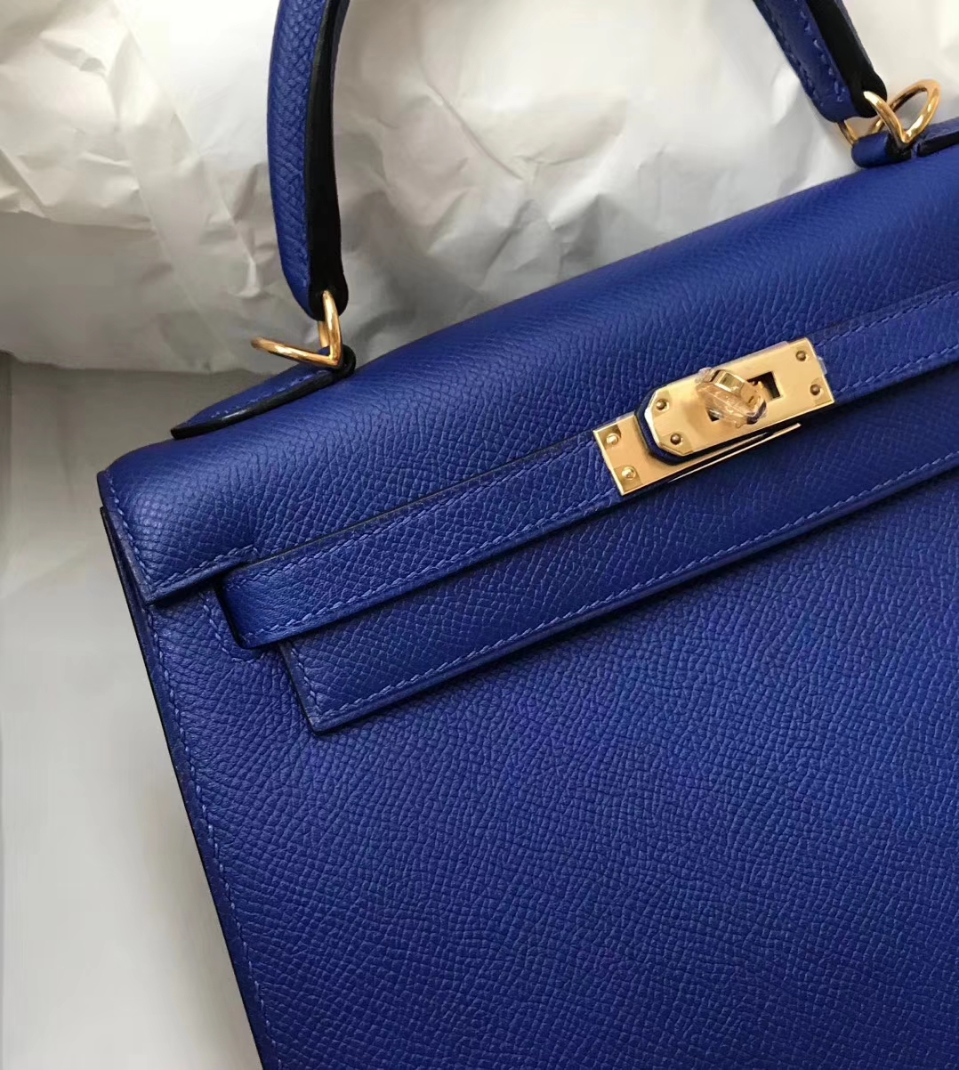 Noble Hermes Epsom Calf Sellier Kelly Bag25cm in 7T Blue Electric Gold Hardware
