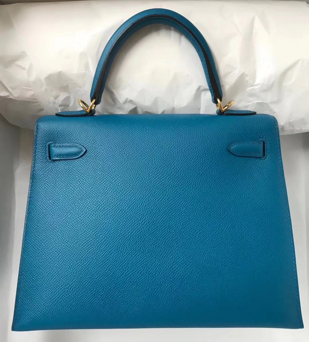 Hand Stitching Hermes 7W Blue Izmir Epsom Calf Kelly25cm Bag Gold Hardware