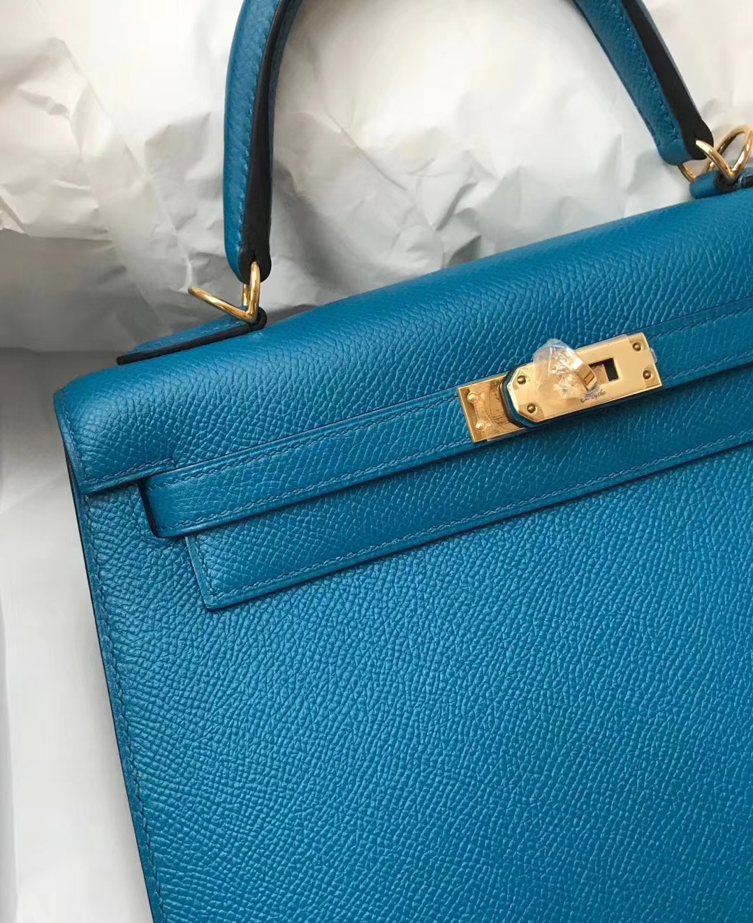 Hand Stitching Hermes 7W Blue Izmir Epsom Calf Kelly25cm Bag Gold Hardware