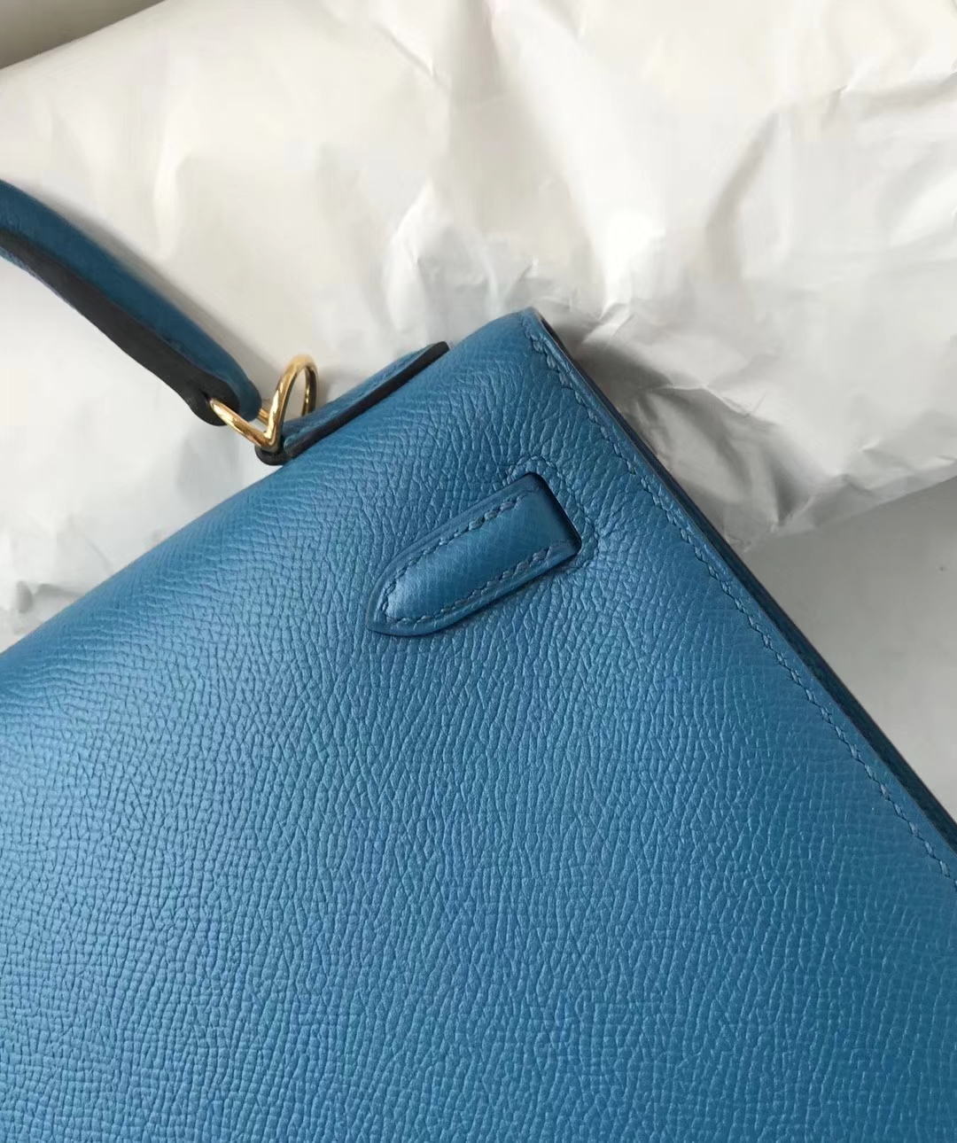 Hand Stitching Hermes 7W Blue Izmir Epsom Calf Kelly25cm Bag Gold Hardware