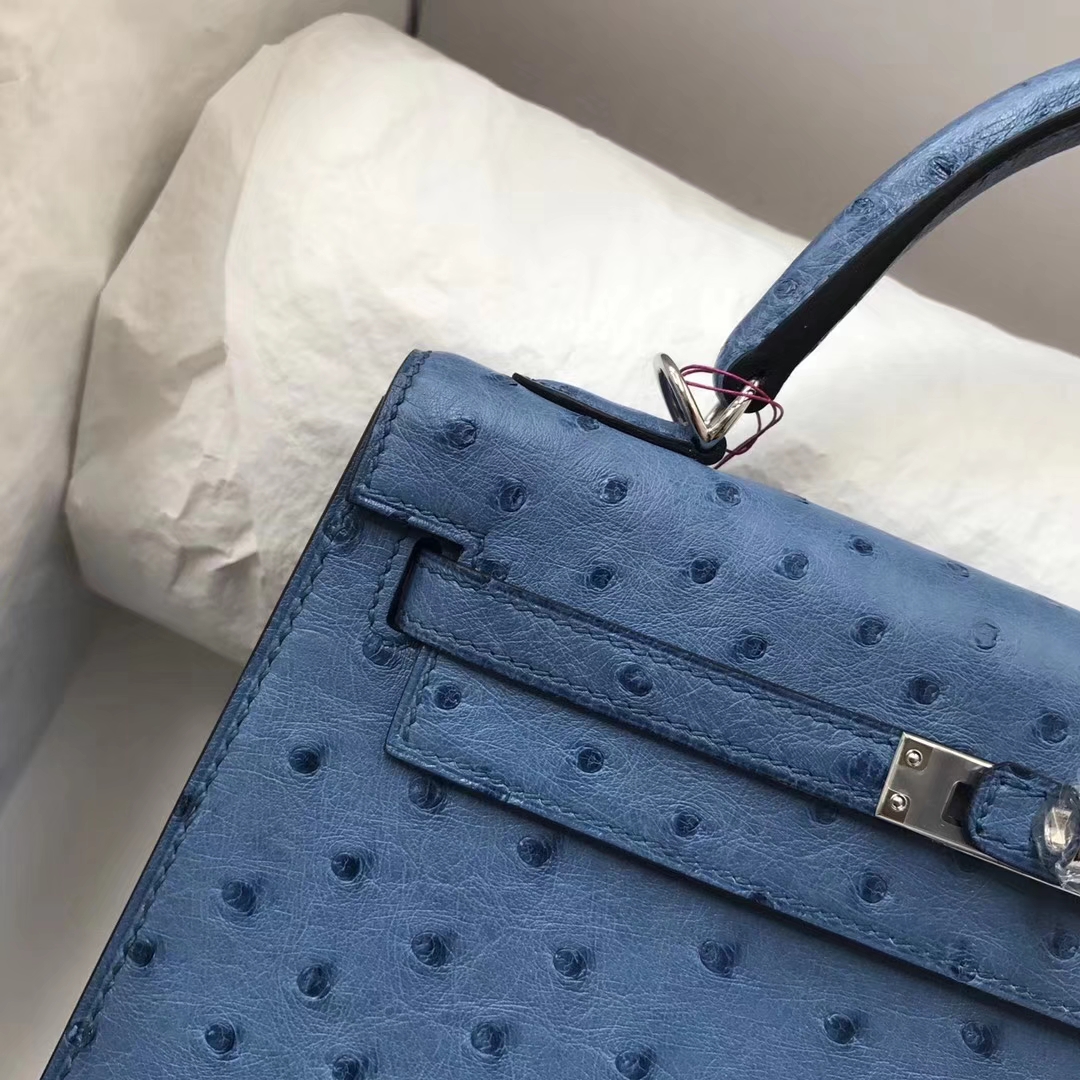 Discount Hermes Ostrich Leather Kelly Bag25cm in 7L Blue De Maite Silver Hardware