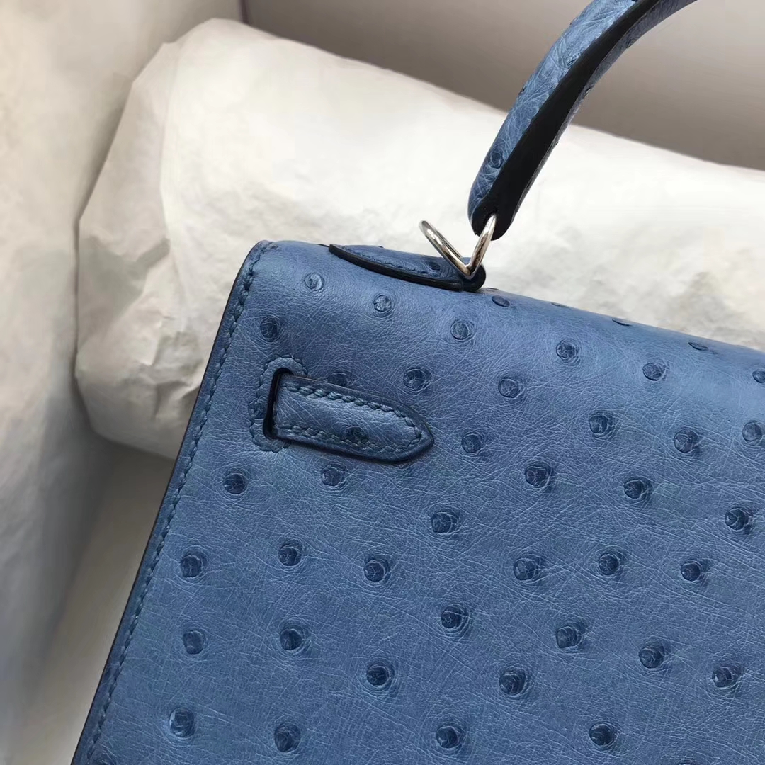 Discount Hermes Ostrich Leather Kelly Bag25cm in 7L Blue De Maite Silver Hardware