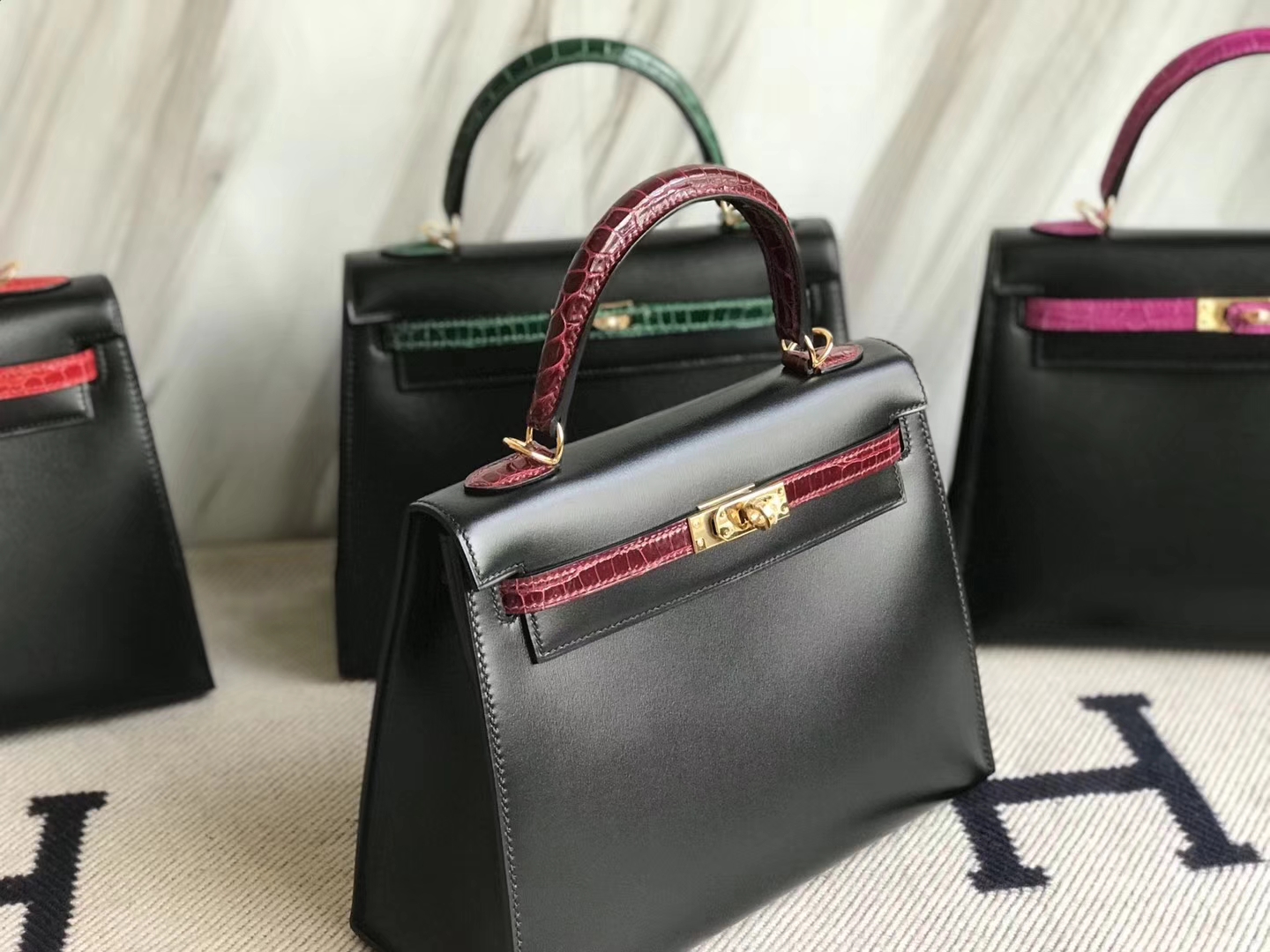 Elegant Hermes CK89 Black Box Calf & CK57 Bordeaux Crocodile Leather Kelly25CM Bag