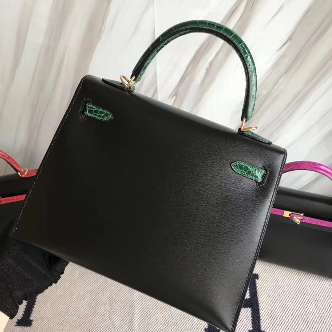 New Hermes Kelly Bag25CM in CK89 Black Box Calf &#038; CK67 Vert Fonce Crocodile Leather
