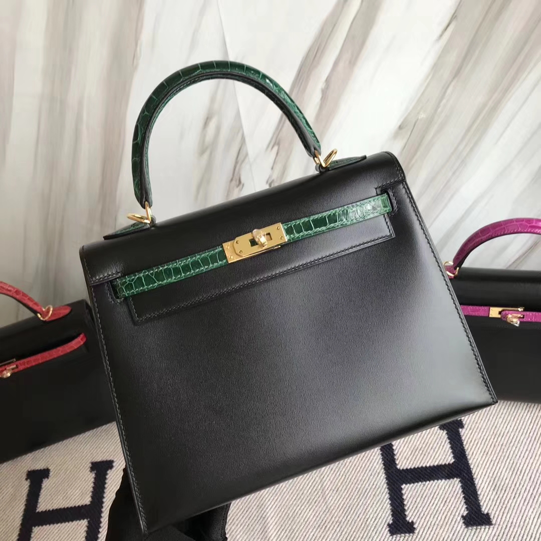 New Hermes Kelly Bag25CM in CK89 Black Box Calf &#038; CK67 Vert Fonce Crocodile Leather