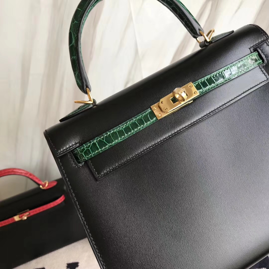 New Hermes Kelly Bag25CM in CK89 Black Box Calf & CK67 Vert Fonce Crocodile Leather