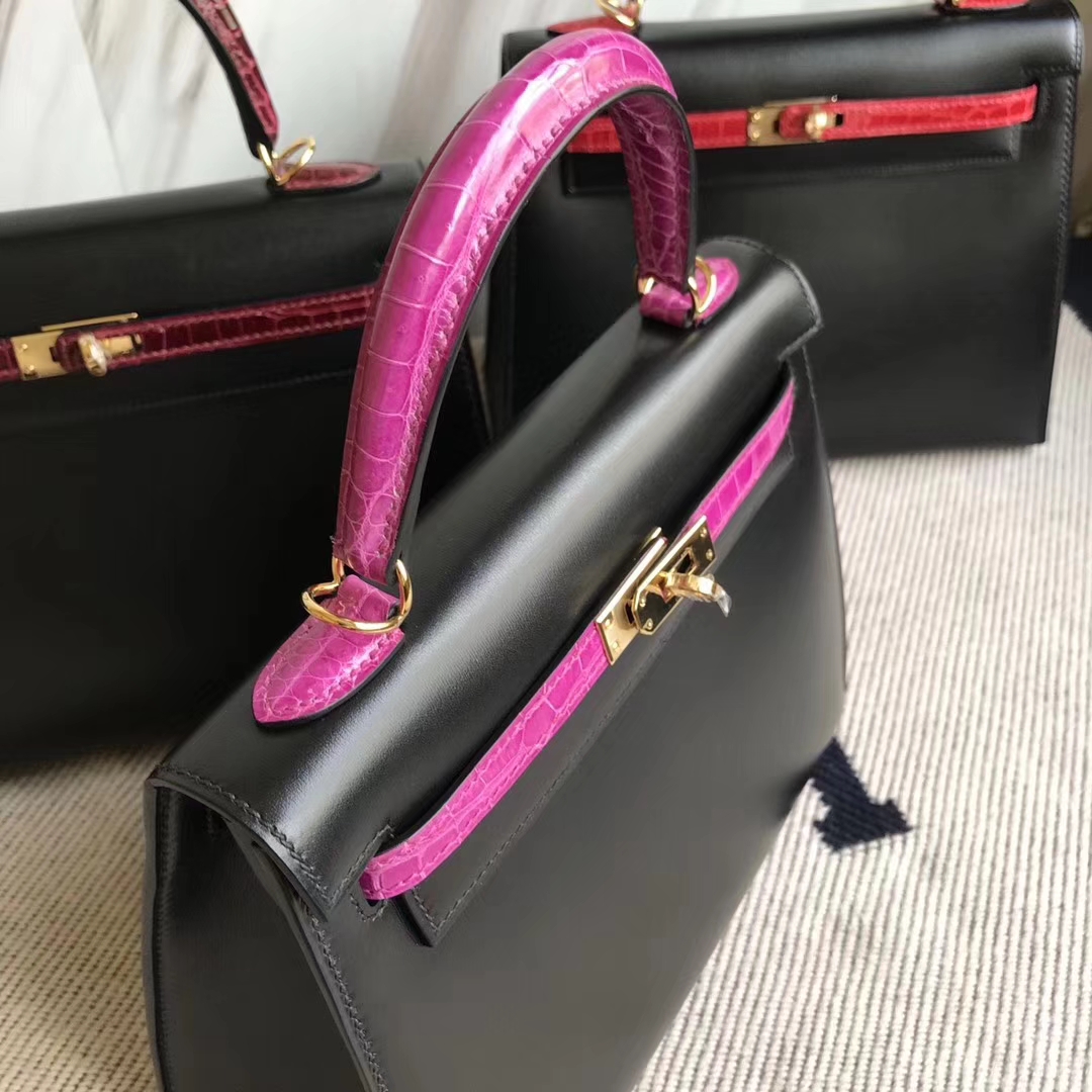 Pretty Hermes Sellier Kelly Bag25CM in CK89 Black Box Calf &#038; 5J Hot Pink Crocodile Leather