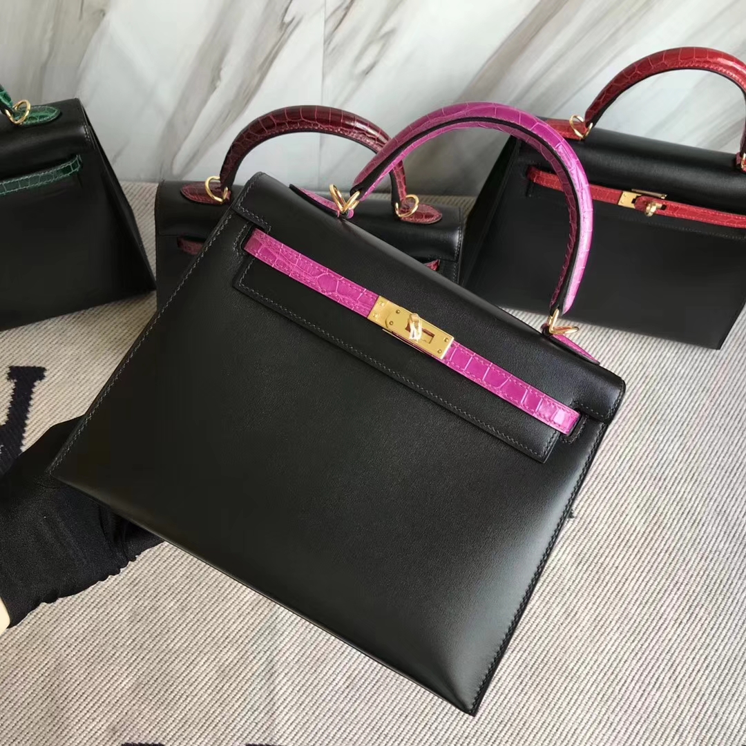 Pretty Hermes Sellier Kelly Bag25CM in CK89 Black Box Calf & 5J Hot Pink Crocodile Leather