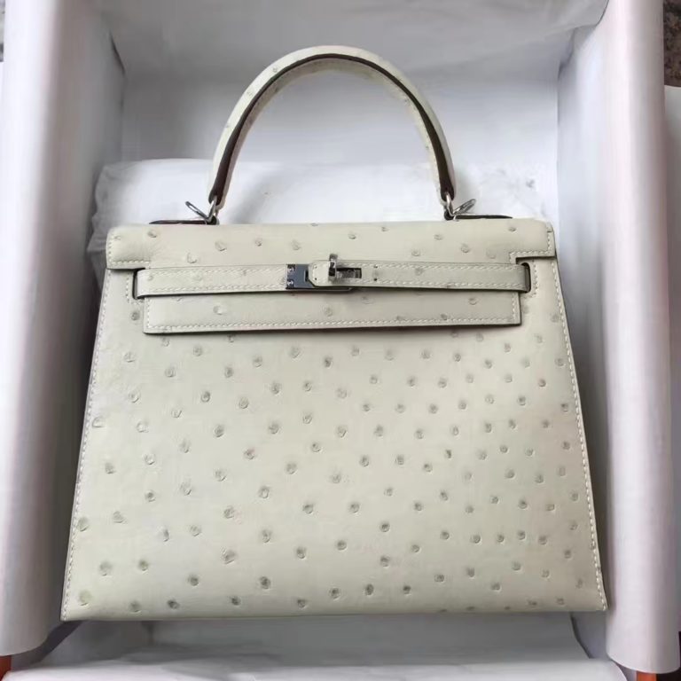 Hermes 3C Wool White Ostrich Leather Sellier Kelly Bag 25CM Silver Hardware