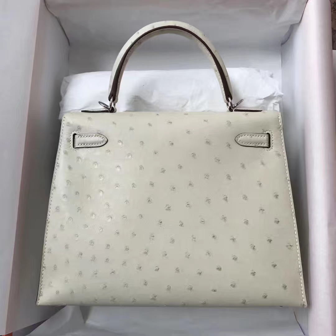 Discount Hermes 3C Wool White Ostrich Leather Sellier Kelly Bag25CM Silver Hardware
