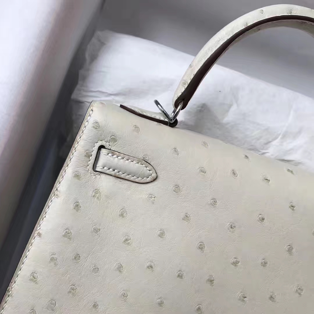 Discount Hermes 3C Wool White Ostrich Leather Sellier Kelly Bag25CM Silver Hardware