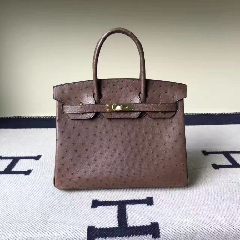 On Hermes Tobacco Color KK Ostrich Leather Birkin 30cm Handbag