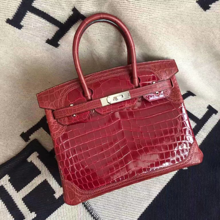 Hermes Crocodile Shiny Leather Ghillie Birkin Bag  30cm in  F5 Bourgogne Red