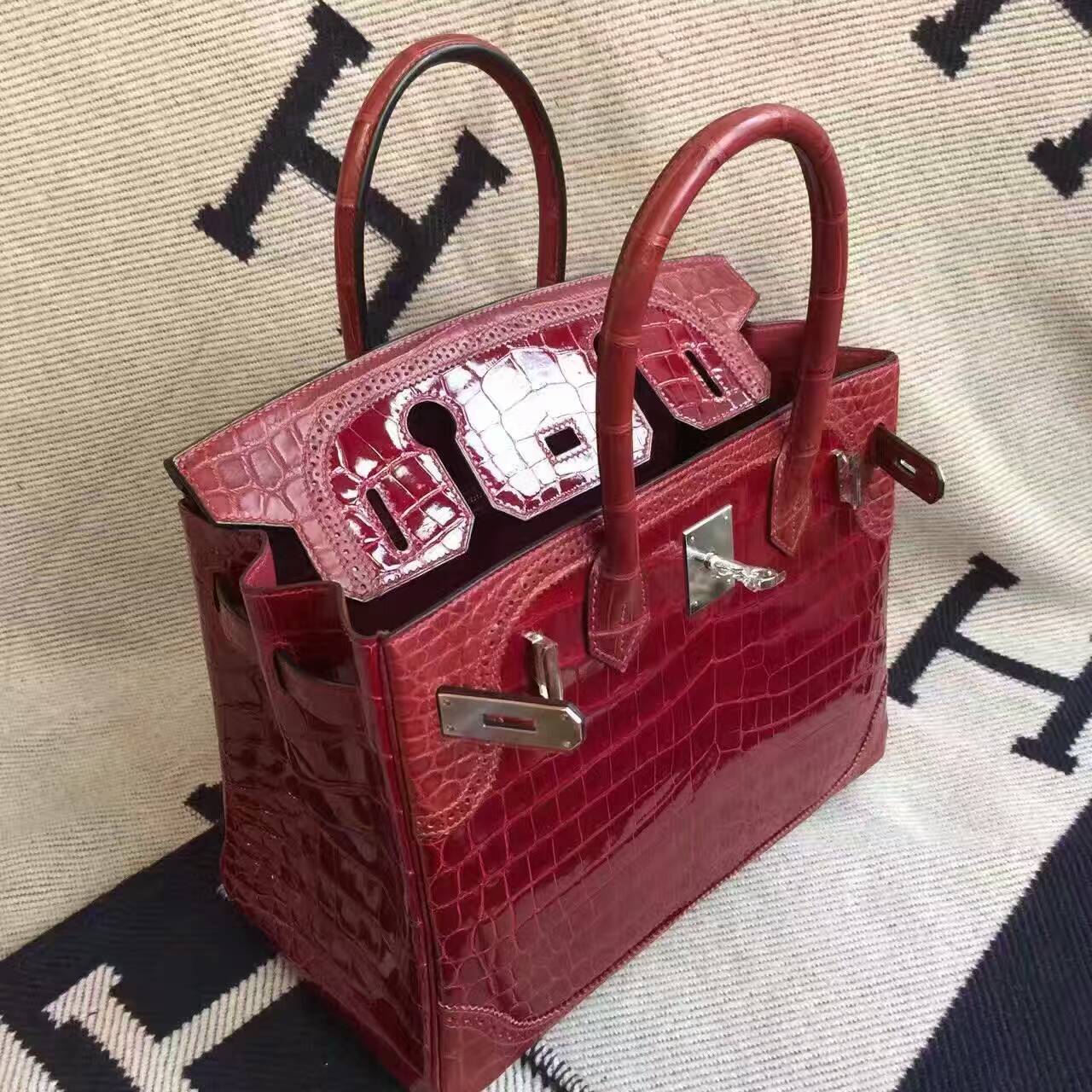 Sale Hermes Crocodile Shiny Leather Ghillie Birkin Bag 30cm in  F5 Bourgogne Red