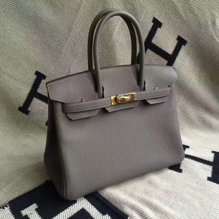 Hermes 8F Etain Grey Togo Calfskin Leather Birkin Bag  30cm