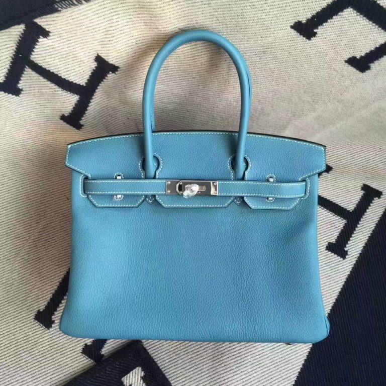 Hermes CK75 Blue Jean Togo Calfskin Leather Birkin Bag 30cm