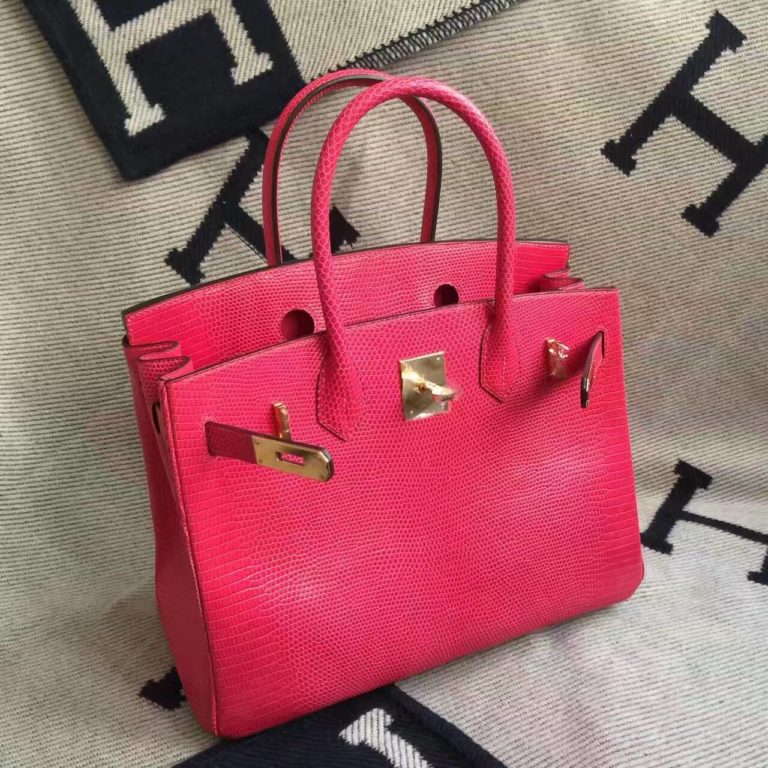 Womens Handbag Hermes Pink Shiny Lizard Leather Birkin Bag  30cm